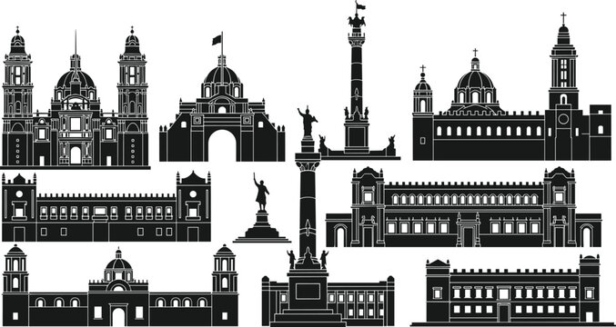 Large collection of black silhouette historical landmarks and architectural buildings featuring cathedrals monuments and heritage sites isolated on white background for travel and culture.