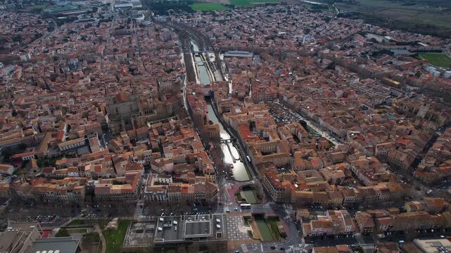 Aerial view beside the old town of the city Narbonne in France on a sunny day in early spring