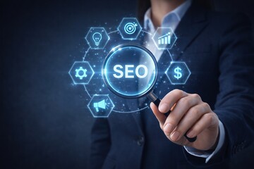 Fototapeta premium SEO search engine optimization concept with magnifying glass highlighting digital marketing icons and analytics symbols