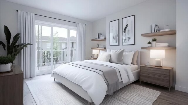 A simple bedroom shows a cozy bed, art on the walls, and natural light from large windows highlighting the space