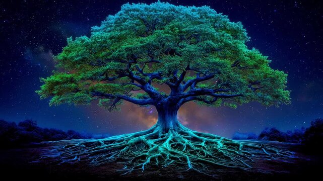 A fantasy tree with glowing roots stands in a dark landscape illuminated by stars, creating a captivating natural wonder
