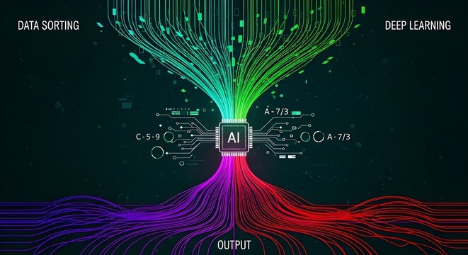 A vibrant conceptual image showcasing artificial intelligence processing data streams for deep learning and output generation.