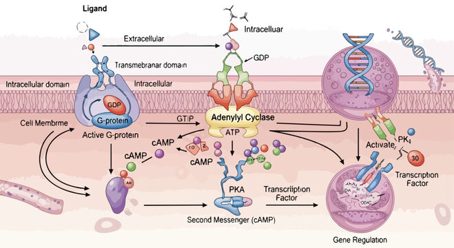 Detailed G protein-coupled receptor (GPCR) signaling pathway vector illustration showing ligand binding, adenylyl cyclase activation, cAMP production, PKA