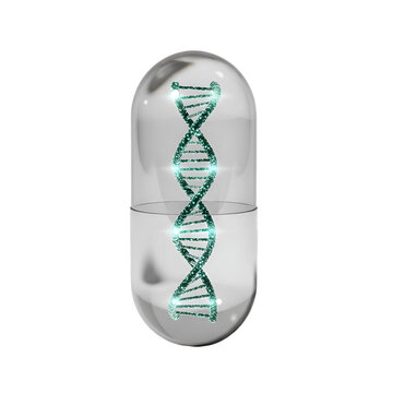 Glowing Green DNA Double Helix Inside Transparent Medical Capsule with Shiny Surface and Reflective Light