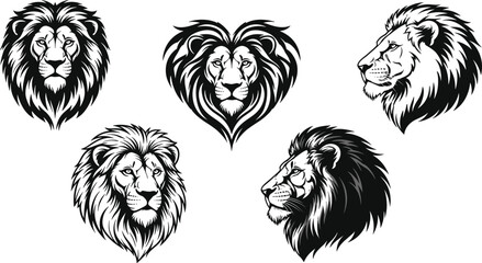 Black and white of lion heads in different views and a heart shaped lion head animal © MstTahomina