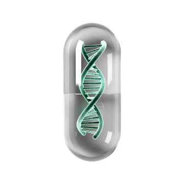 3D illustration of green DNA double helix inside transparent medical capsule with reflective surfaceGlowing Blue DNA Double Helix Structure Inside a Transparent Capsule with Purple Accents and Light 