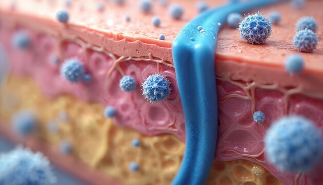 Microscopic view of skin layers showing molecular structures and cellular activity with blue particles. Cross-section reveals epidermis dermis and hypodermis.