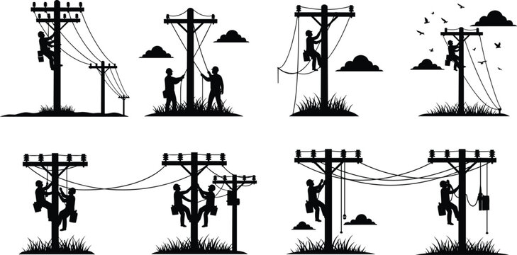Black silhouette set of electrical linemen working on utility poles with clouds and birds for industrial power line repair concept