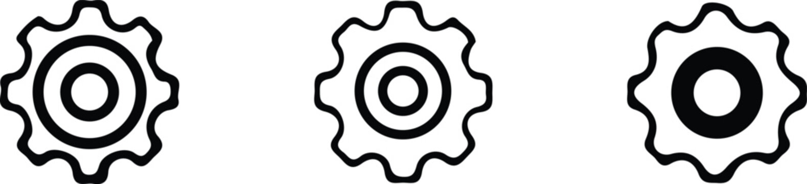 Three abstract black and white symmetrical shapes with concentric circles and wavy edges