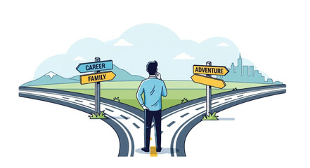 Man stands at crossroads decision. © Injuk