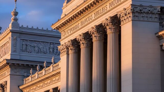 Capturing the shapes and patterns of columns and sculptures on a building as sunlight highlights its design