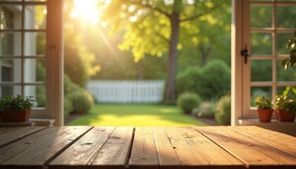 Rustic wooden table surface bathed in warm sunlight, viewed through open windows. Lush green garden with white picket fence visible outside. Peaceful natural setting. © Viktor
