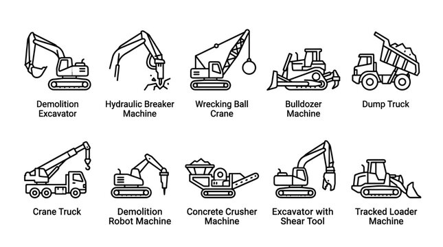 A clean, vector illustration of various construction machines including excavators, cranes, bulldozers, and trucks, presented in a minimalist line art style.