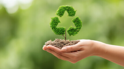 of hand with soil and sprouting tree, recycle icon overlay glowing, tropical green tones in background, representing Earth day, sustainable economy, and ecological protection, with natural copy 