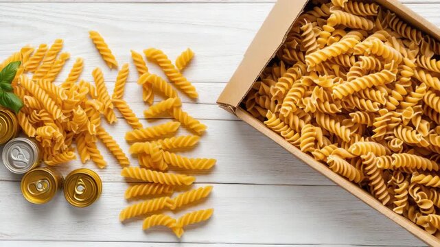Pasta is seen spilling out from a box and spreading on a white table with some green leaves and small containers on the side