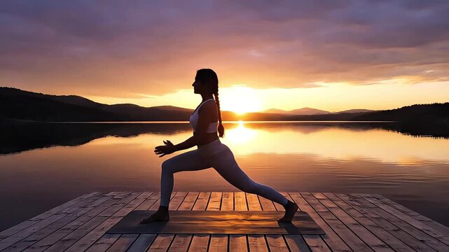 woman doing yoga movements on the edge of the lake with sunset surya namaskar