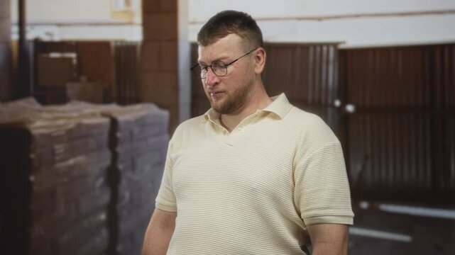 Man grimacing wearing glasses and polo shirt inside a building at a construction site, tense expression and hunched posture; workplace discomfort.