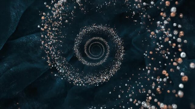 Seamless looping silver bronze particles swirling spiral cinematic velvet background luminous ambient visuals refined motion gradient