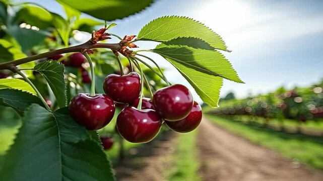 Bright cherries hang from trees in an orchard on a sunny day while workers pick fruit from the branches