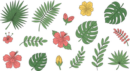 Tropical leaves and hibiscus flowers collection with monstera palm foliage botanical summer plants flat vector illustration set © Sanjida Creative