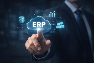 Obraz premium Cloud based ERP enterprise resource planning system interface representing digital business management