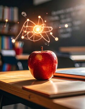A red apple rests on a wooden classroom desk, with a luminous atom graphic hovering above it