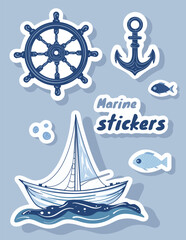Nautical vector sticker set with sailboat, anchor, fish and ship wheel in blue tones. Marine elements for sea travel design, cruise tourism themes, kids decor, posters, prints and summer vacation grap © Iryna Prokopovych 