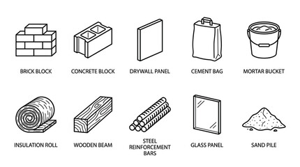 A collection of hand-drawn outline icons representing various construction and building materials, suitable for architectural and DIY projects.