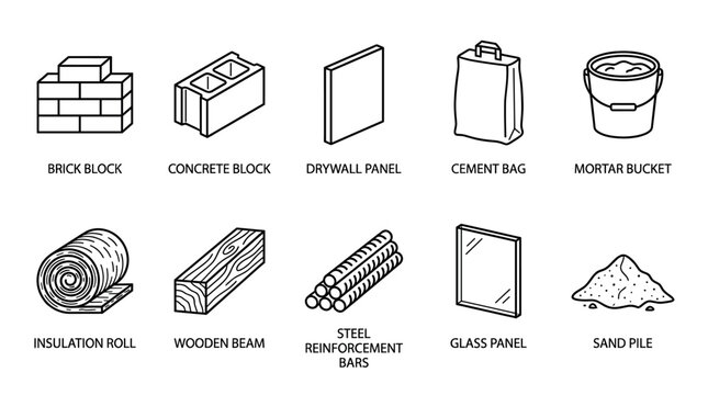 A collection of hand-drawn outline icons representing various construction and building materials, suitable for architectural and DIY projects.