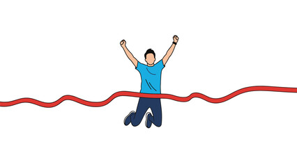 Fototapeta premium Athlete crosses the finish line with arms raised in victory as he breaks through the red ribbon at the end of a race.