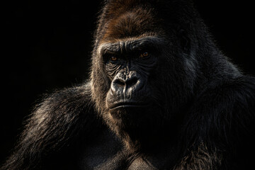 Obraz premium Close-up portrait of a powerful gorilla against dark background