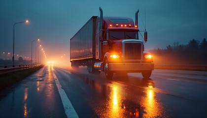 Naklejka premium Red semi-truck drives on wet highway at dusk. Headlights shine through fog and rain. Road reflects lights and truck wheels. Trucking industry, transport business, logistics.