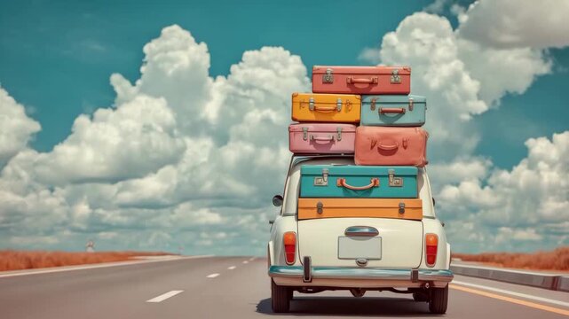 A retro car drives down a long road carrying stacked colorful suitcases on its roof as clouds fill the sky