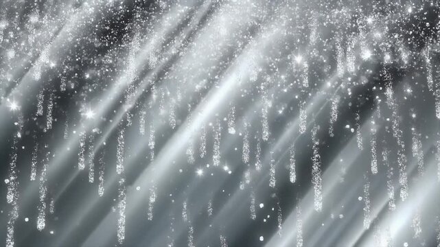 Seamless looping silver shimmer particles raining diagonal cinematic metallic platinum background luminous ambient visuals refined motion