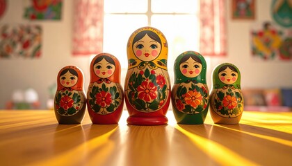 Beautiful hand-painted traditional Russian Matryoshka nesting dolls arranged in ascending order on a warm wooden table by a sunlit window.