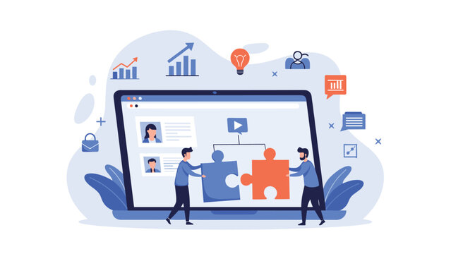 Two professionals working together to connect giant puzzle pieces in front of a laptop showing data and user profiles.