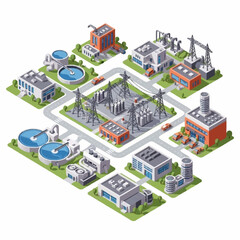 Obraz premium Isometric City Infrastructure Network with Power Plants and Water Treatment Facilities.