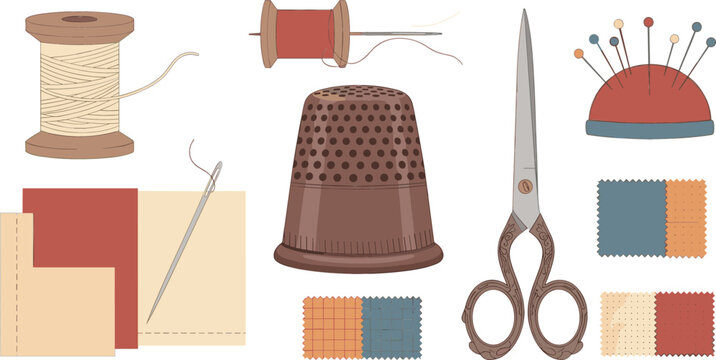 Sewing and tailoring tools set with thread spools needle thimble scissors pincushion fabric samples craft flat vector illustration