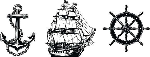 Vintage nautical maritime collection featuring detailed black ink illustrations of an anchor with chain sailing ship and ships wheel isolated on a white background. © its