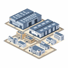 Isometric Industrial Buildings and Urban Cityscape Illustration.