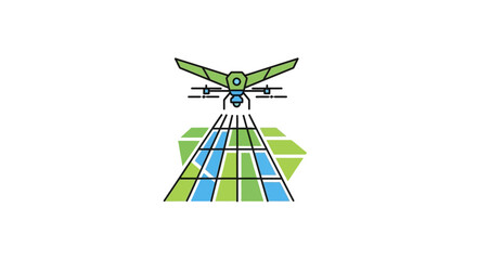 Obraz premium Green drone flying over solar panels.