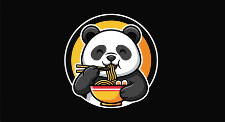 Cartoon panda eating noodles illustration © Gulung