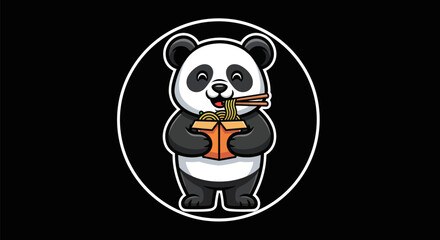 Cartoon panda eating noodles on black © Gulung