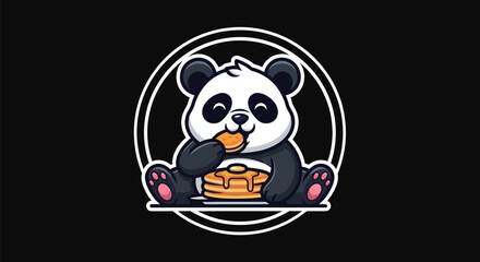 Cartoon panda eating pancakes black background © Gulung