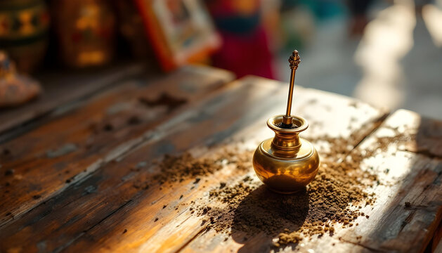A traditional small brass bottle for eye kohl with a delicate applicator