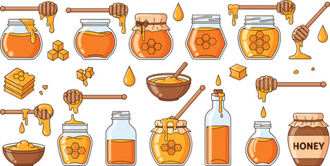 Honey jars, dripping honey dipper, honeycomb and sweet nectar elements vector set for organic food packaging, beekeeping products, natural sweetener and farm market design © MSTSULTANA