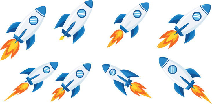 Cartoon rocket ship launch vector set with flames and smoke, space travel spacecraft icons for startup growth, technology innovation, exploration, and astronomy design