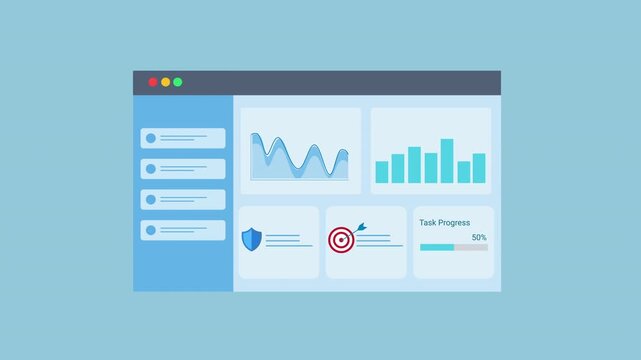 Animated data analytics dashboard interface with charts, graphs, shield security icon, and target indicator. Flat vector motion design representing protection, monitoring, and business analytics panel