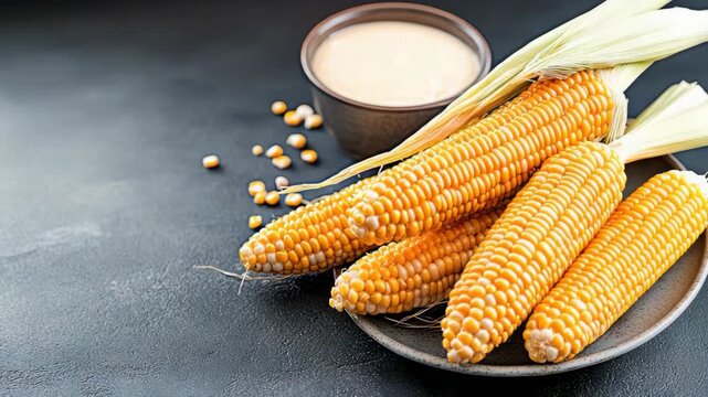 Fresh corn is gathered and paired with sauce on a plate, ready for cooking and sharing with family and friends during meals