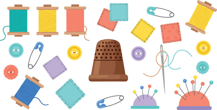 Colorful sewing tools and tailoring supplies set with thread spools buttons pins safety pins thimble and fabric patches craft flat vector illustration